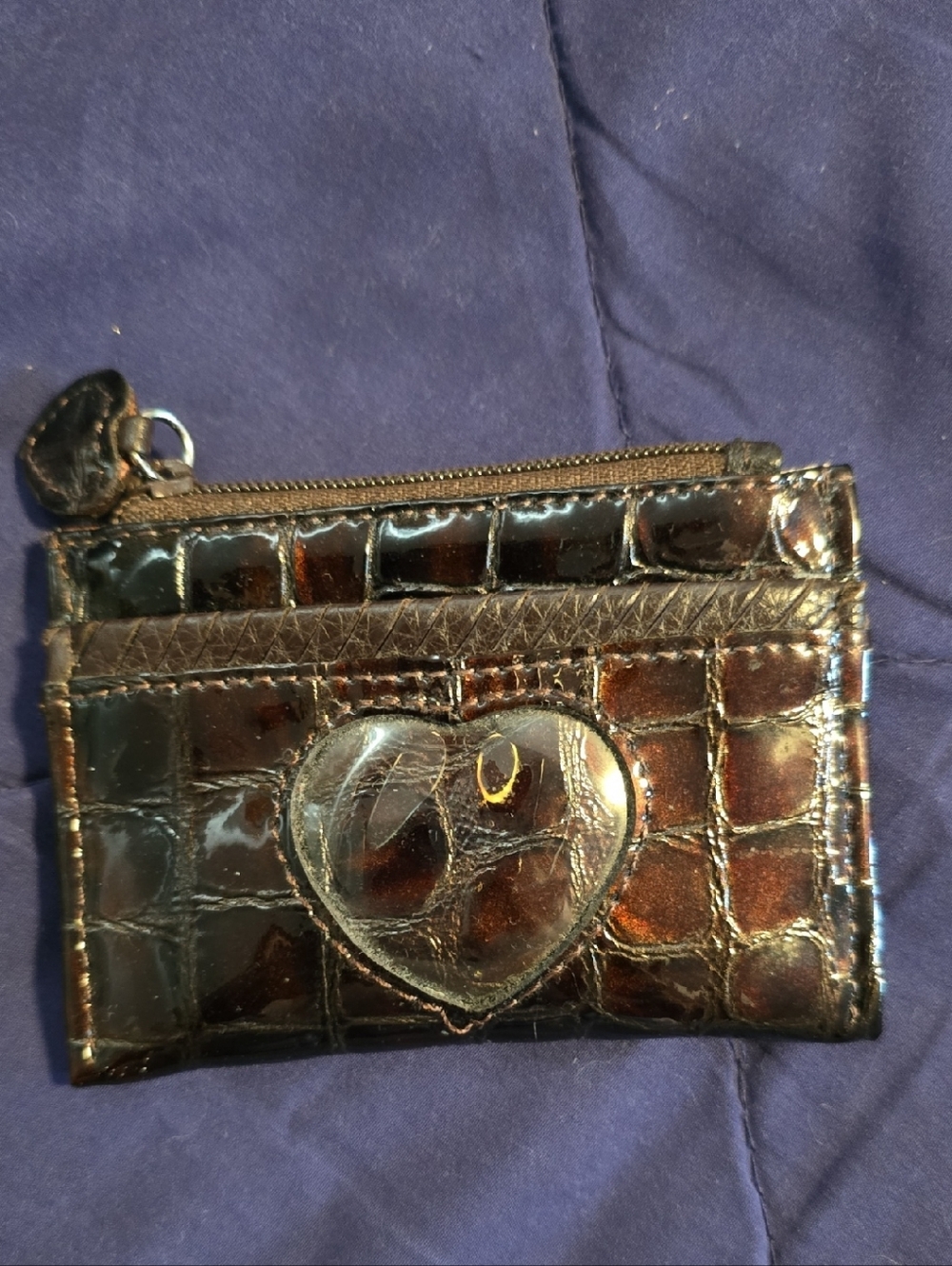 Brighton Patent Leather Croc-Embossed Heart Coin Card Holder - Brown